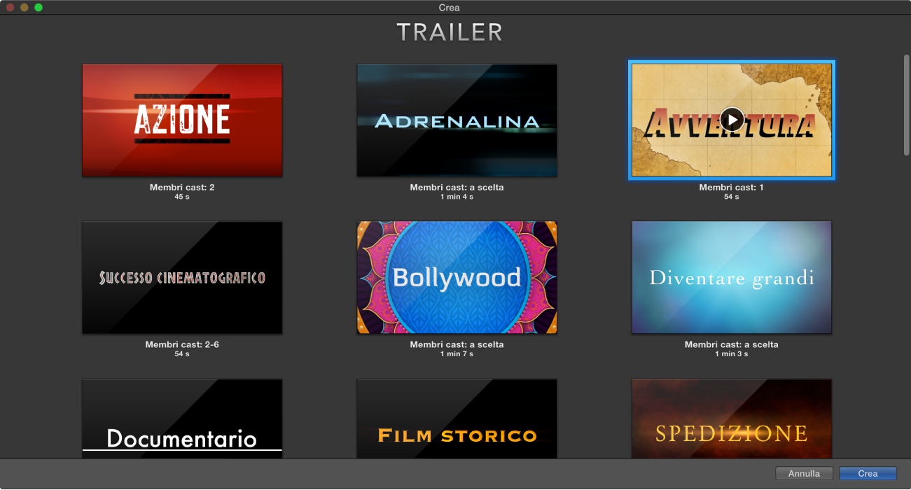 Finestra Crea con anteprime dei trailer