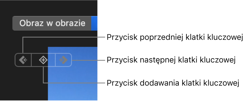 Przyciski poprzedniej klatki kluczowej, następnej klatki kluczowej i usuwania klatki kluczowej w panelu podglądu
