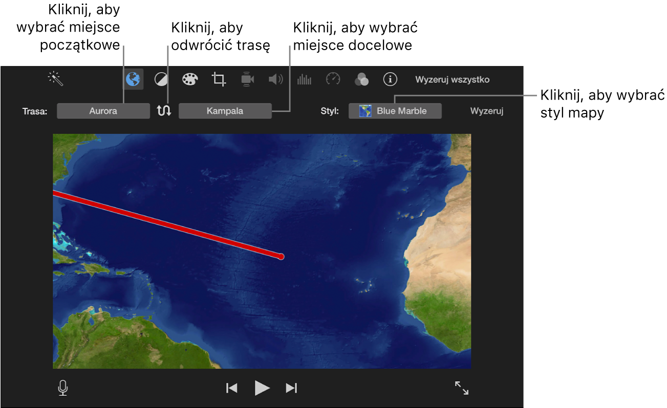 Narzędzia animowanej mapy podróży wyświetlane nad panelem podglądu, pozwalające na ustawianie miejsca początkowego i końcowego, odwracanie kierunku i wybieranie stylu mapy