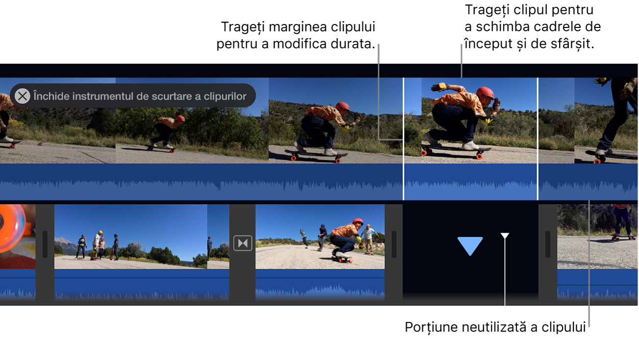 Ajustor clip deschis în cronologie, cu marginile clipului afișate și partea neutilizată a clipului care apare întunecată