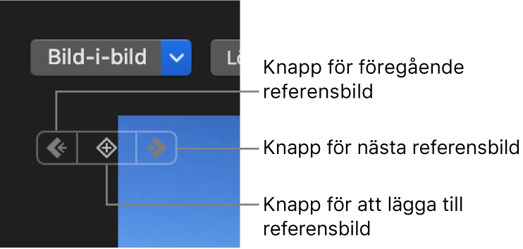 Knapparna för föregående referensbild, nästa referensbild och radering av referensbild i visningsfönstret