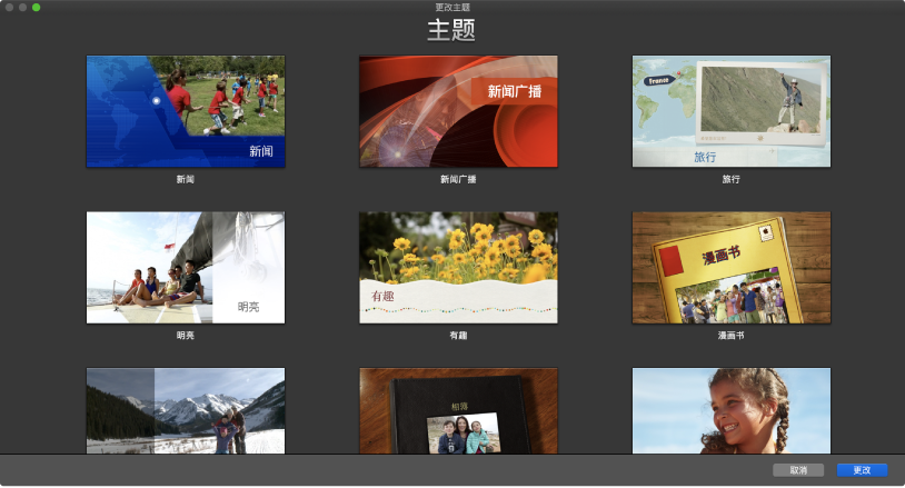 显示影片主题缩略图的“更改主题”窗口