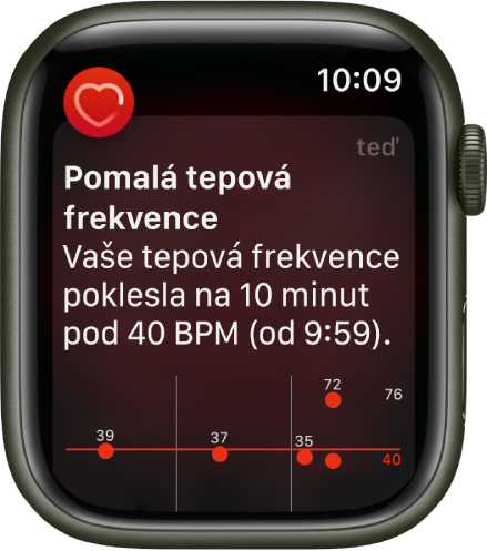 Obrazovka „Pomalá tepová frekvence“ s oznámením, že vaše tepová frekvence na 10 minut poklesla pod 40 BPM