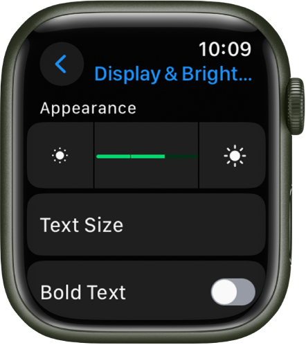 Display & Brightness settings on Apple Watch, with the Brightness slider at the top, and the Text Size button below.