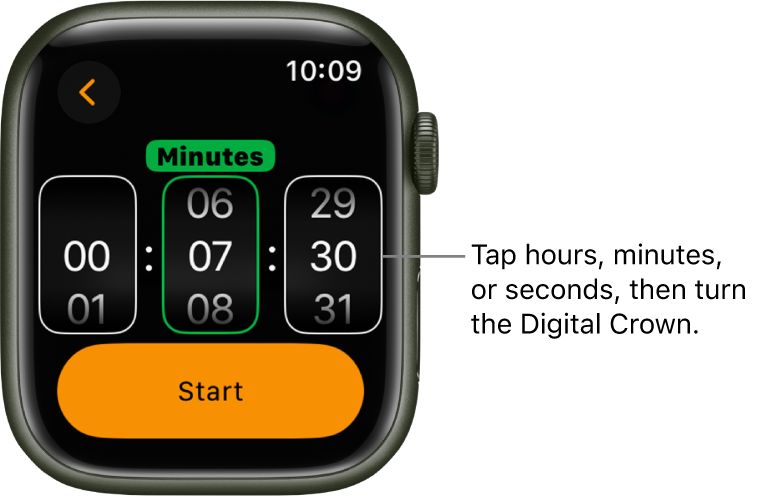 Settings for creating a custom timer, with the hour on the left, the minutes in the middle, and seconds on the right. The start button is below.