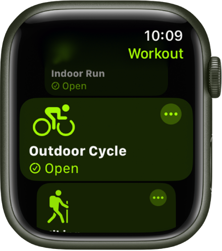 The Workout screen with the Outdoor Cycle workout highlighted. A More button is at the top right of the workout tile.