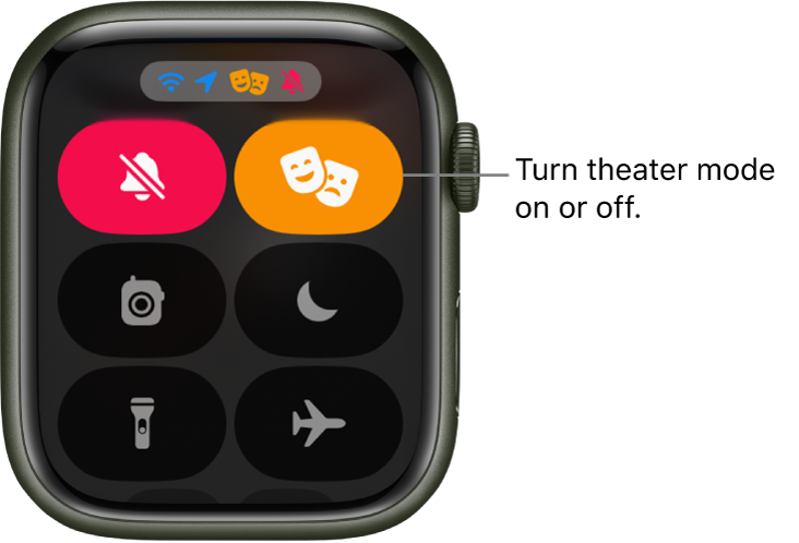 Control Center with theater mode and silent mode buttons highlighted to show theater mode is on.