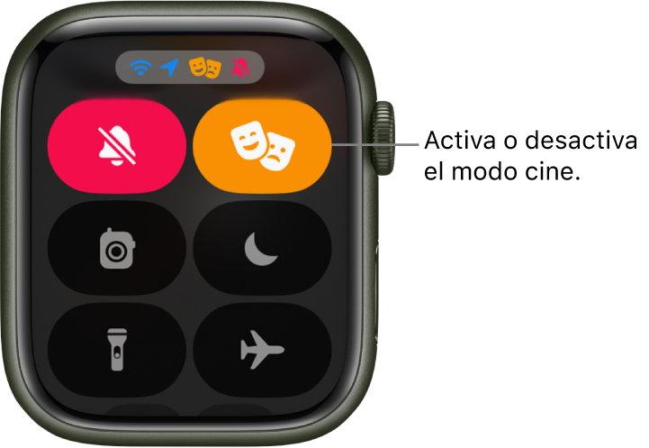 El centro de control con el botón Modo cine y Silencio resaltado para mostrar que está activado el Modo cine.