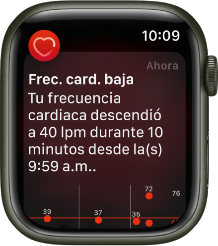 La pantalla Frecuencia cardiaca baja mostrando una notificación que indica que tu frecuencia fue inferior a 40 LPM durante 10 minutos.