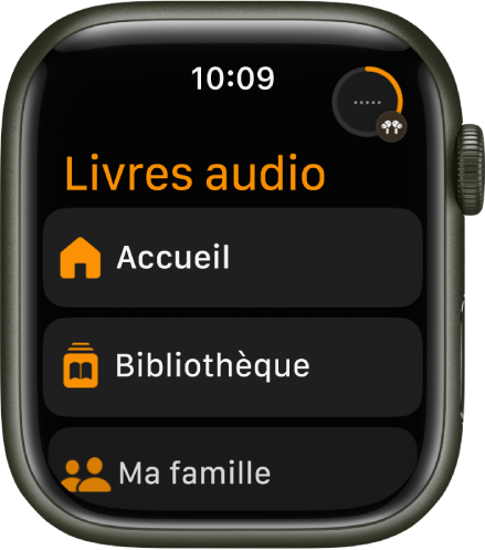 L’app Livres audio présentant les boutons Accueil, Bibliothèque et Ma famille.