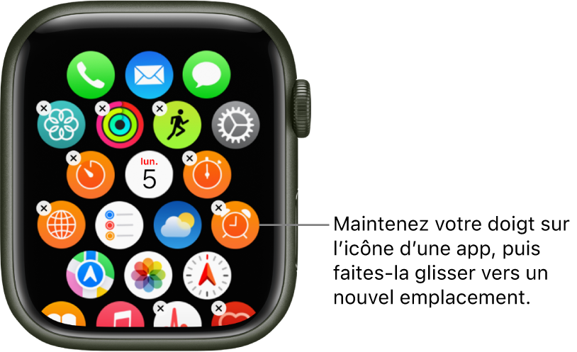 Écran d’accueil en présentation en grille sur l’Apple Watch.