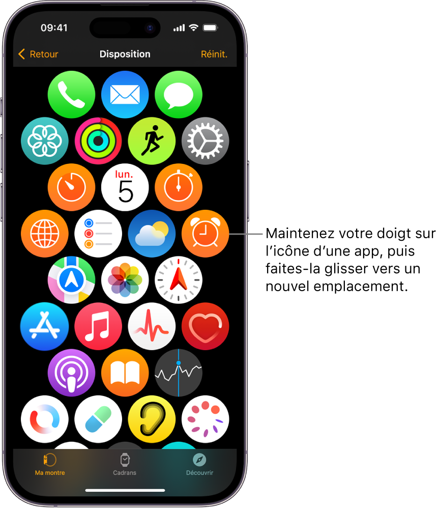 L’écran Disposition de l’app Apple Watch présentant une grille d’icônes.