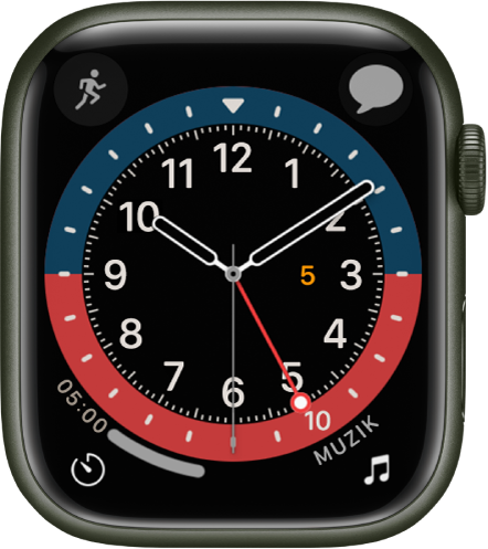 Muka jam GMT yang anda boleh laraskan warna muka. Ia menunjukkan empat komplikasi: Latihan di bahagian kiri atas, Mesej di bahagian kanan atas, Pemasa di bahagian kiri bawah dan Muzik di bahagian kanan bawah.