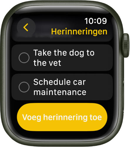 De Herinneringen-app met twee herinneringen. De herinneringen staan boven in het scherm, met daaronder de knop 'Voeg herinnering toe'.