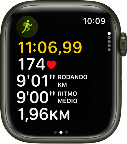 Um exercício de corrida em andamento mostra o tempo decorrido do exercício, os batimentos, o ritmo por quilômetro móvel, o ritmo médio e a distância total percorrida.