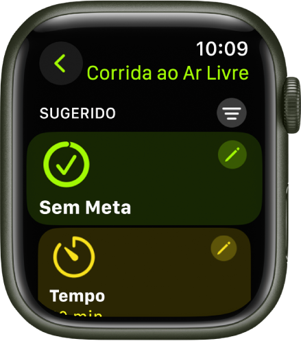 App Exercício mostrando uma tela para editar um exercício de Corrida ao Ar Livre. A seção Abrir está no centro, com o botão Editar na parte superior direita. Parte da seção Tempo aparece abaixo.