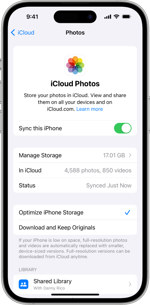 La schermata Foto di iCloud nelle impostazioni di iCloud. Sincronizza questo iPhone è attivo.