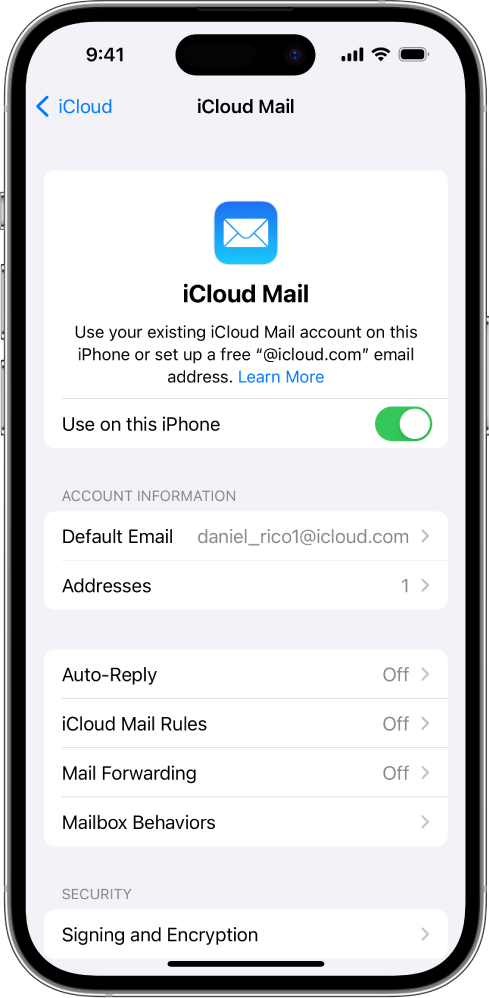 Mail-skjermbildet i iCloud-innstillingene. Bruk på denne iPhonen er slått på.