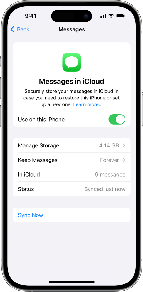 iCloud 设置中的“信息”屏幕。“同步此 iPhone”已开启。