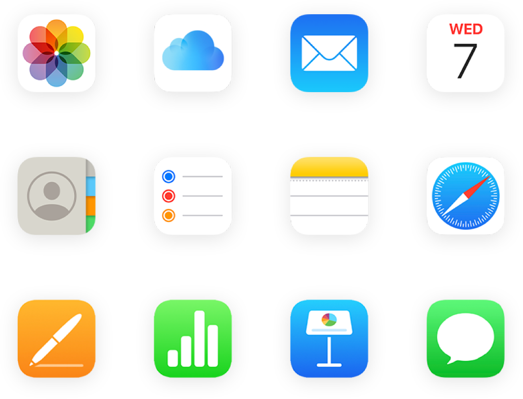 App 图标的网格，包括“照片”、iCloud 云盘和“邮件”等 App。