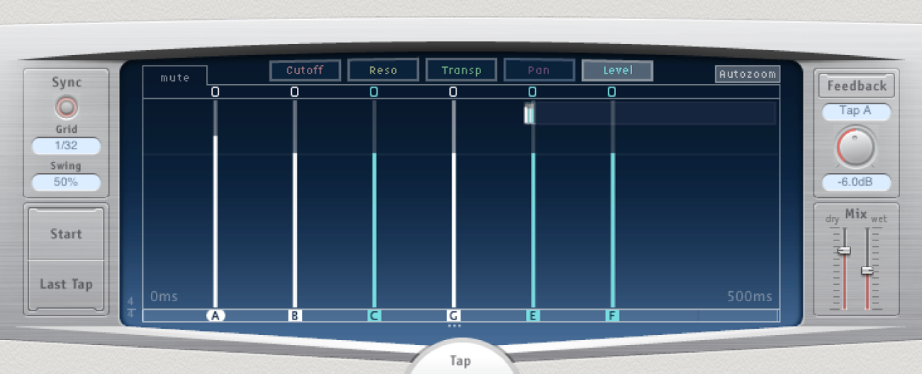 Écran Tap de Delay Designer, avec plusieurs taps sélectionnés.