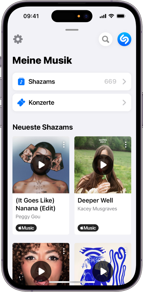 Der Bildschirm „Meine Musik“ mit einer Gruppe von Songs, die mithilfe von „Auto-Shazam“ identifiziert wurden