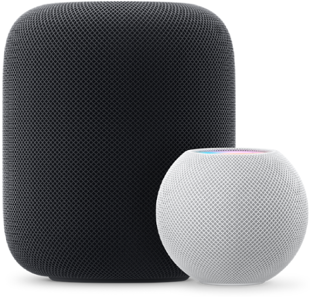 Image of a black HomePod and a white HomePod mini