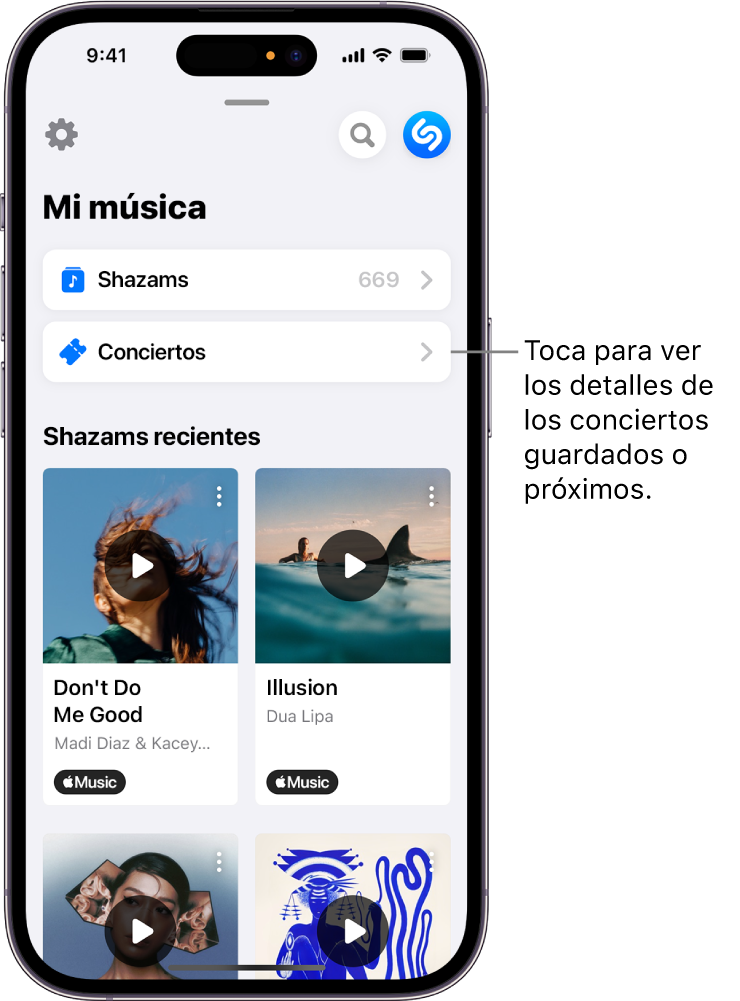 Página My Music (Mi música) de Shazam mostrando el botón Conciertos