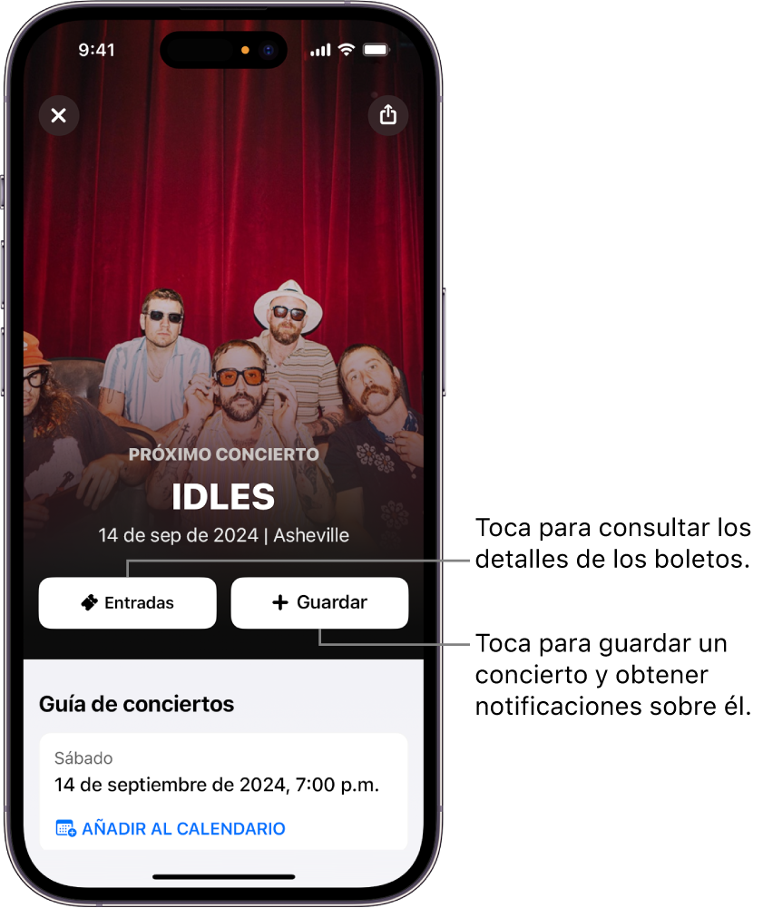 La guía de conciertos de Shazam mostrando los botones Boletos y Guardar, así como la fecha de un concierto próximo de la artista Victoria Monét