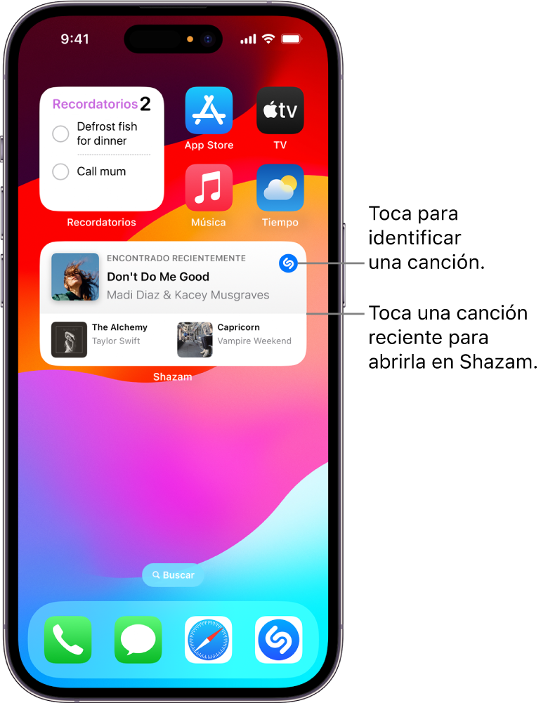 La visualización Hoy en el iPhone con el widget Shazam.