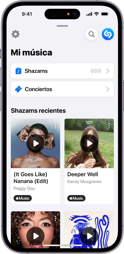 Pantalla “Mi música” con un grupo de canciones identificadas con “Auto Shazam”.