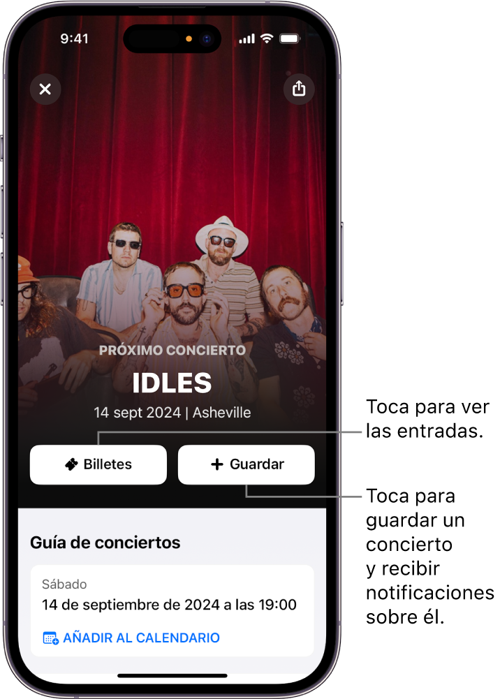 “Guía del concierto” de Shazam con los botones Entradas y Guardar, y la fecha de un próximo concierto de la artista Victoria Monét.