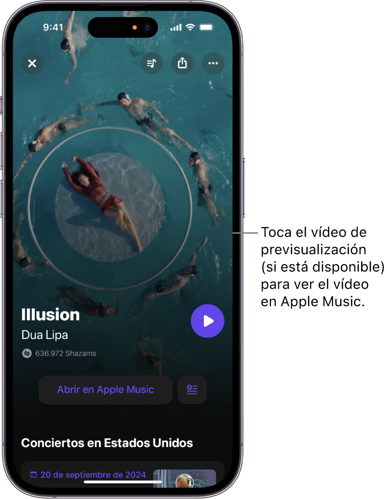 Pantalla de canción de la app Shazam con la previsualización de un vídeo.