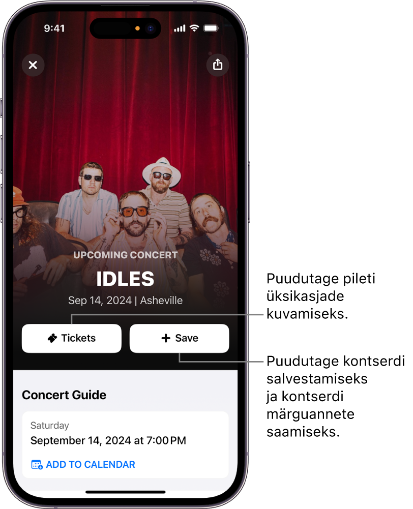 Shazami jaotises Concert Guide (Kontserdigiid) kuvatakse nuppe Tickets (Piletid) ja Save (Salvesta) ning Victoria Monet’ tulevase kontserdi kuupäeva.