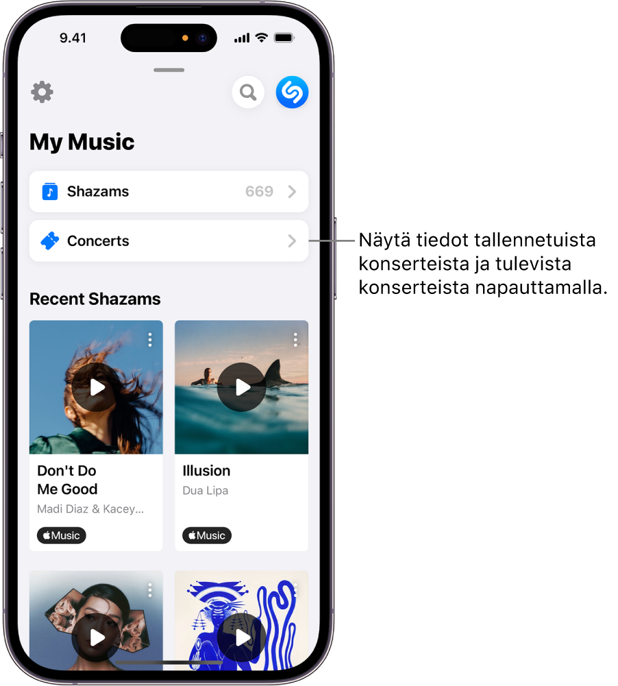 Shazamin My Music -sivu, jossa näkyy Concerts-painike