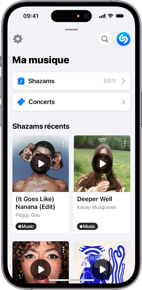 L’écran « Ma musique » affichant un groupe de morceaux identifiés avec « Auto Shazam »