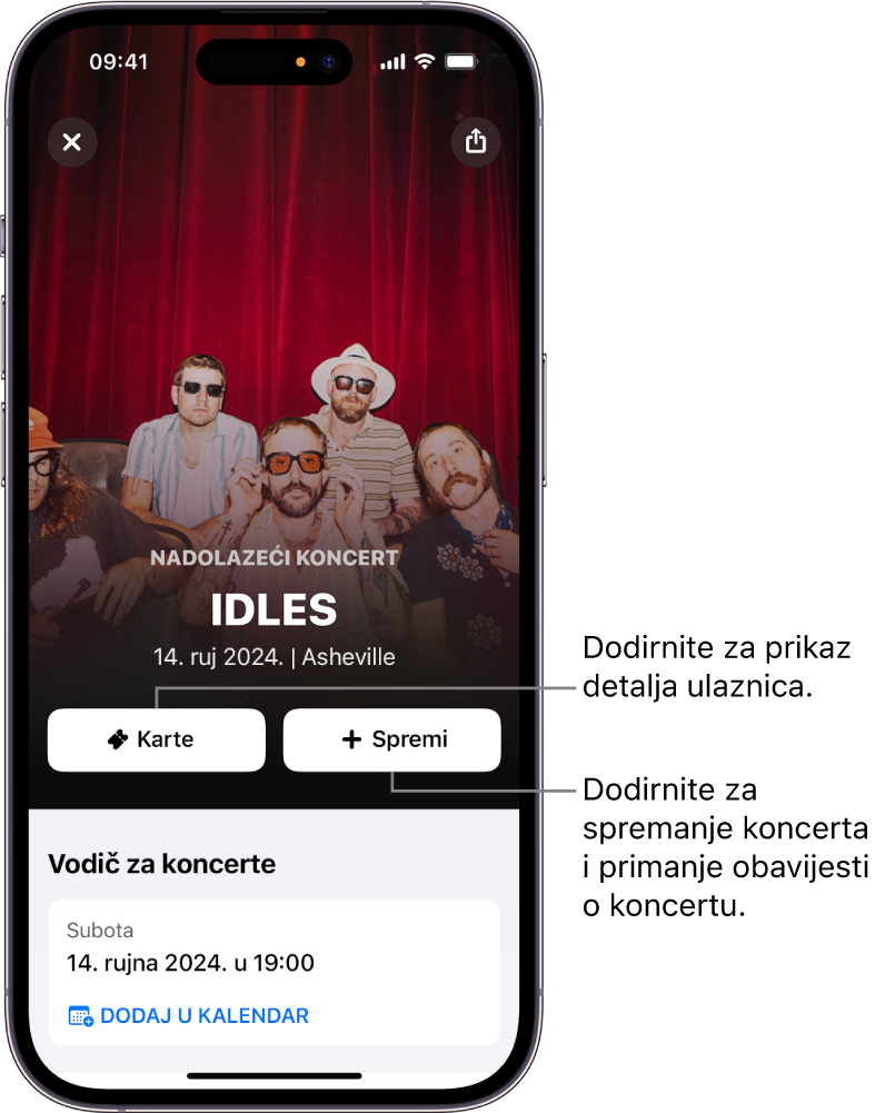 Concert Guide (Vodič za koncerte) u aplikaciji Shazam s prikazom tipki Tickets (Ulaznice) i Save (Spremi) te datumom nadolazećeg koncerta za izvođačice Victorije Monet