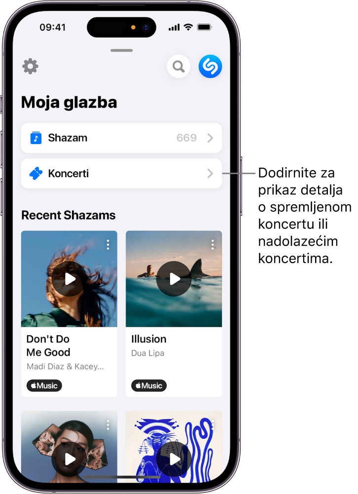 Stranica Shazam My Music (Shazam Moja glazba) s prikazom tipke Concerts (Koncerti)