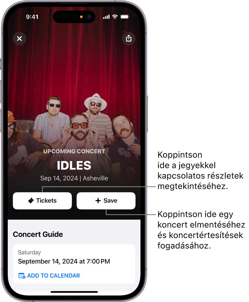 A Shazam Concert Guide (Koncert-útikalauz) megjeleníti a Tickets (Jegyek) és a Save (Mentés) gombot, valamint Victoria Monet közelgő koncertjének dátumát