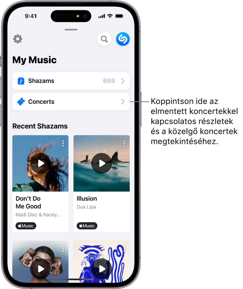 A Shazam My Music (Saját zene) oldalán a Concerts (Koncertek) gomb látható