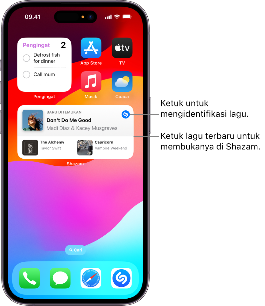 Tampilan Hari Ini di iPhone menampilkan widget Shazam