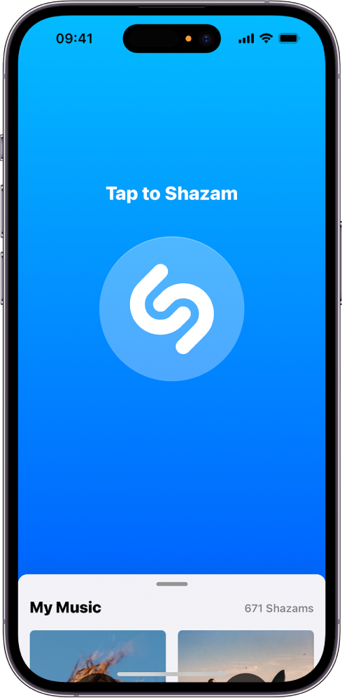 Programos „Shazam“ pagrindinis ekranas ir mygtukas „Shazam“