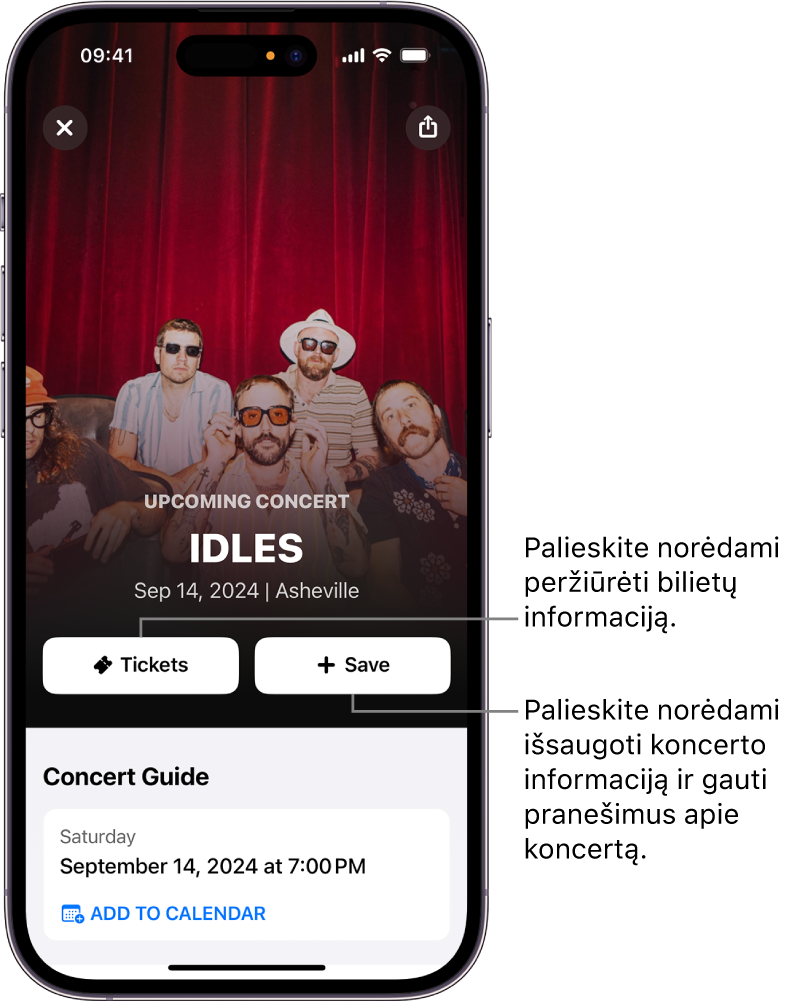 „Shazam Concert Guide“ rodo mygtukus „Tickets“ bei „Save“ ir būsimo atlikėjo Victoria Monet koncerto datą