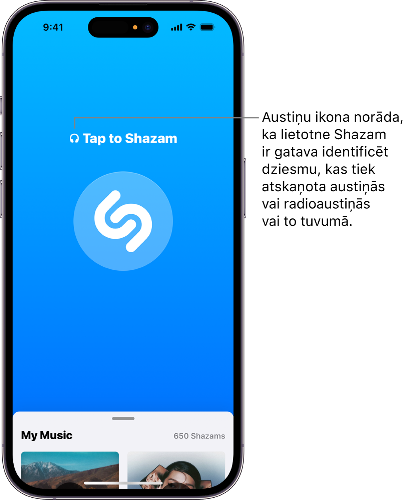 Lietotne Shazam, kurā redzamas pievienotas austiņas