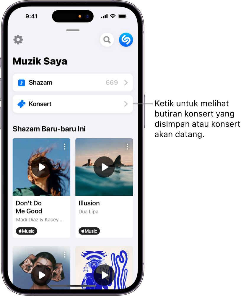 Halaman Shazam Muzik Saya menunjukkan butang Konsert