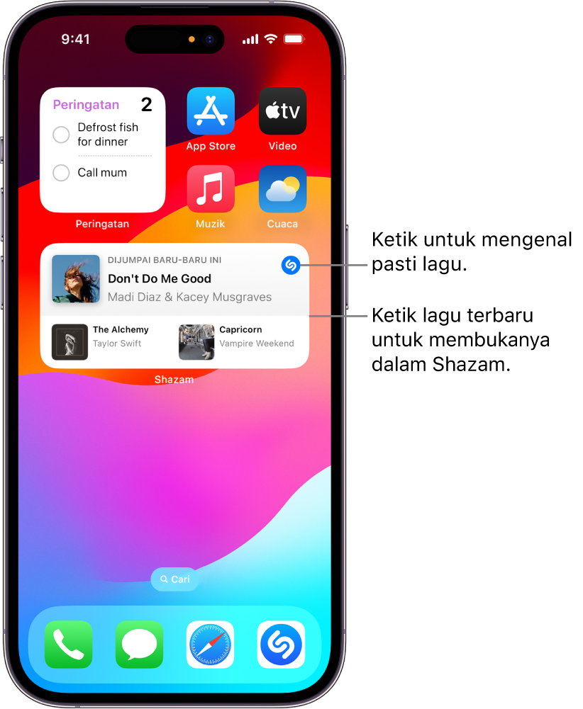 Paparan Hari Ini pada iPhone menunjukkan widget Shazam