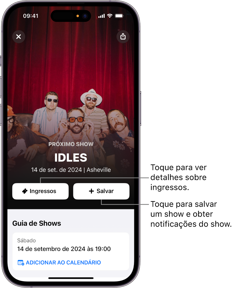 Guia de Shows do Shazam mostrando os botões Ingressos e Salvar, além da data de um show futuro da artista Victoria Monet