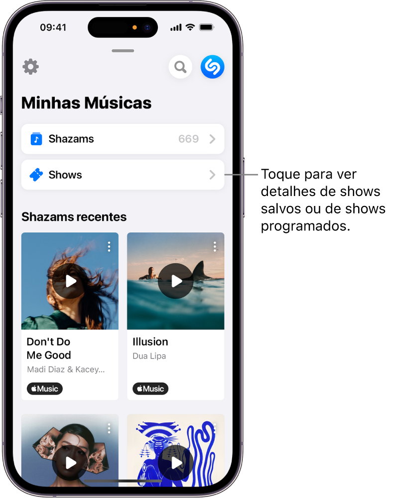 Página Minhas Músicas do Shazam, mostrando o botão Shows