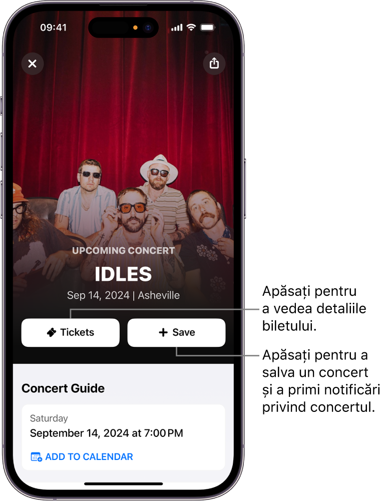 Ghidul unui concert Shazam afișând butoanele Tickets (Bilete) și Save (Salvați) și data unui concert viitor pentru artista Victoria Monet.