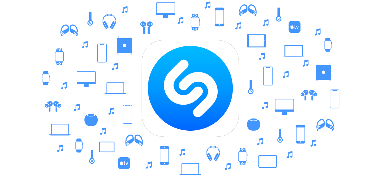 โลโก้แอป Shazam ที่ล้อมรอบไปด้วยไอคอนอุปกรณ์ Apple